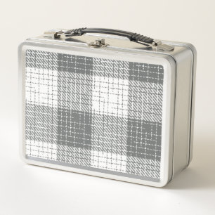 Grey and White Checkered Crosshatch Plaid Metal Lunch Box
