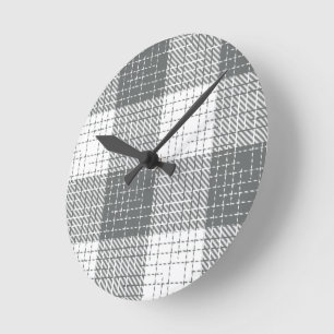 Grey and White Checkered Crosshatch Plaid  Round Clock