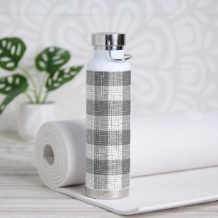 Grey and White Checkered Crosshatch Plaid Water Bottle