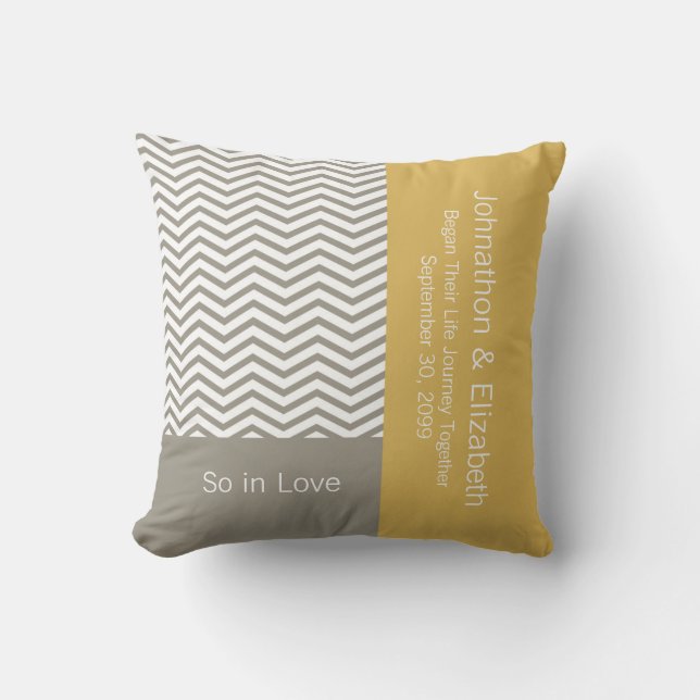 Grey and White Chevron Chic Commemorative Wedding Cushion (Front)