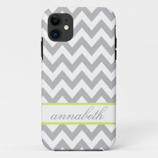 Grey and White Chevron Green Monogram iPhone 11 Case