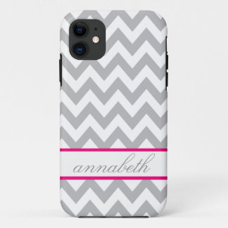 Grey and White Chevron Hot Pink Monogram iPhone 11 Case
