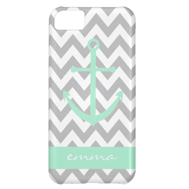 Grey and White Chevron Mint Anchor Monogram Case (Back)