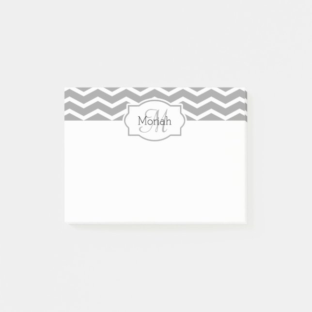 Grey and White Chevron Name Monogrammed Post-it Notes (Front)