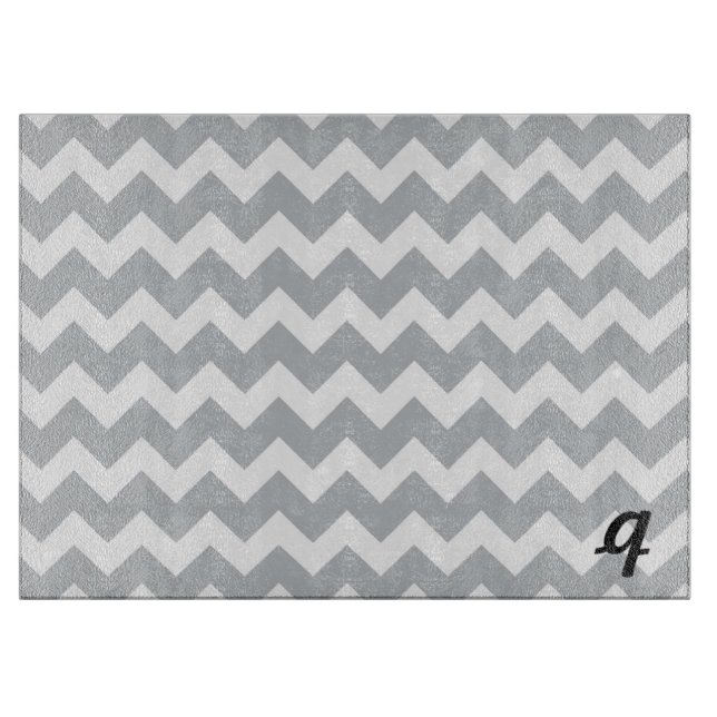 Grey and White Chevron Stripe Monogram Cutting Board (Front)