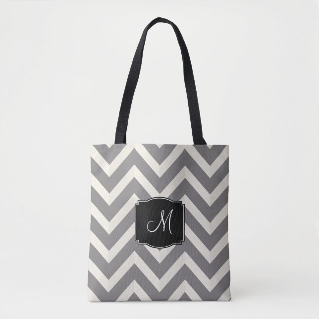 Grey and White Chevron Stripes with Monogram Tote Bag (Front)
