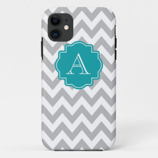 Grey and White Chevron Teal Monogram iPhone 11 Case