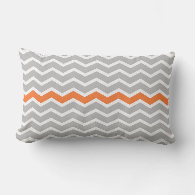Grey and White Chevron Zigzag with Orange Stripe Lumbar Cushion (Front)