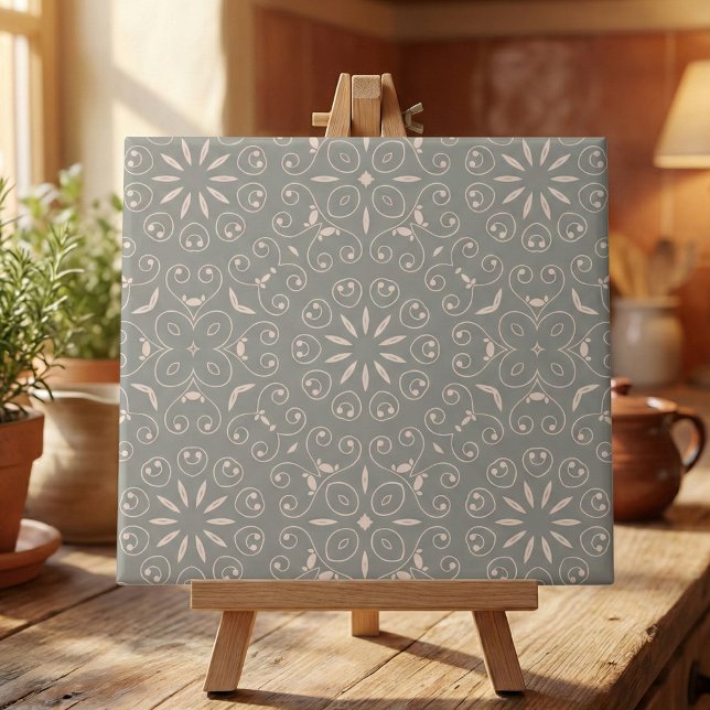 Grey And White Classic Elegant Ornate Damask Ceramic Tile (Creator Uploaded)