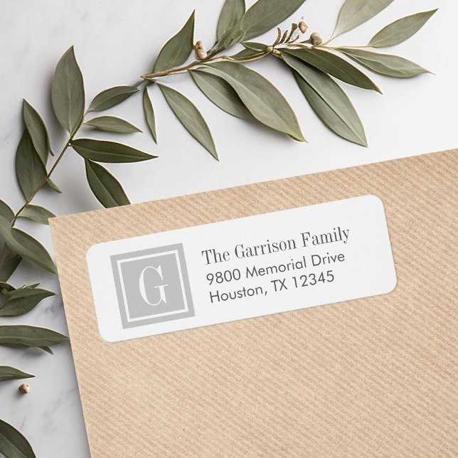 Grey and White Classic Square Monogram Return Address Label (Creator Uploaded)