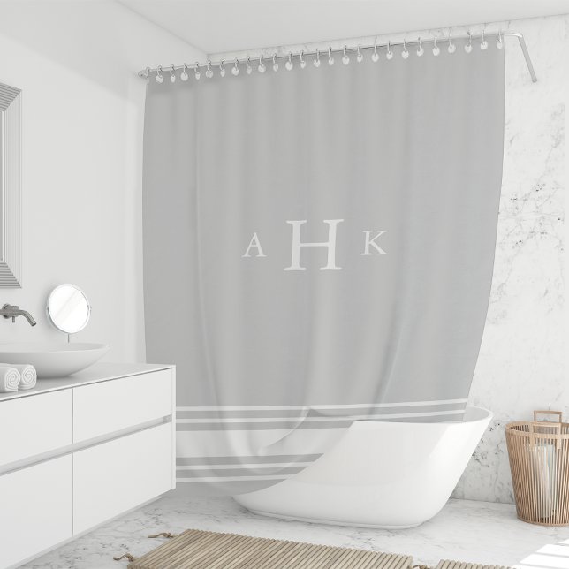 Grey and White Classic Stripe Border Monogram Shower Curtain (Creator Uploaded)