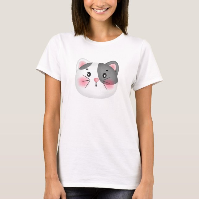 Grey And White Cute Cat Face T-Shirt (Front)