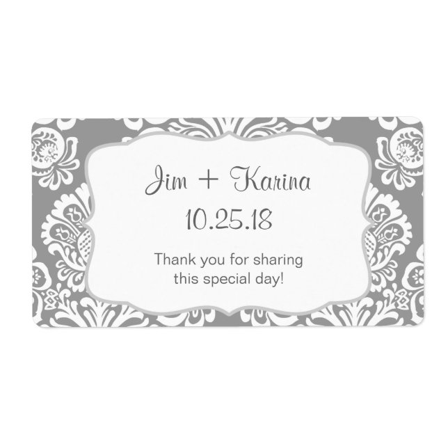 Grey and white Damask Water Bottle - customise it! (Front)