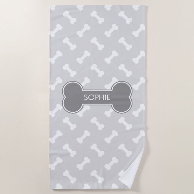 Grey And White Dog Bones Pattern With Custom Name Beach Towel (Front)