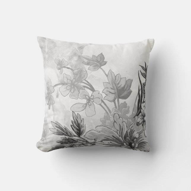 Grey and White Elegant Botanical Floral Cushion (Front)