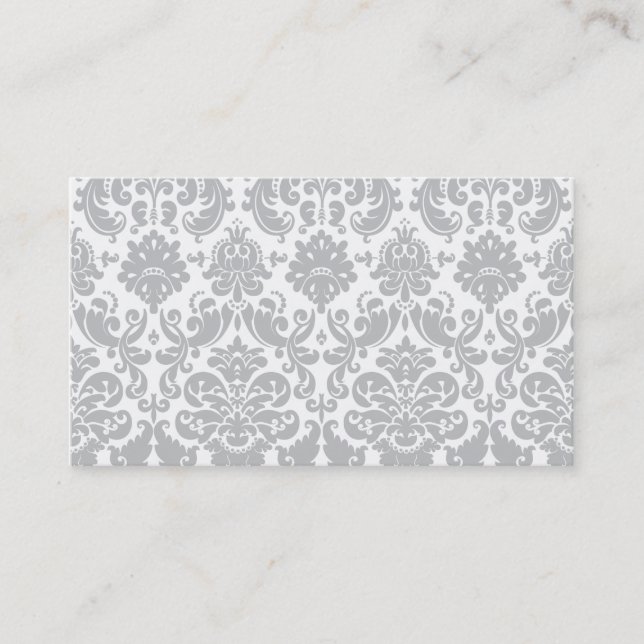 Grey and White Elegant Damask Pattern Business Card (Front)