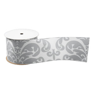 Grey and White Elegant Damask Pattern Satin Ribbon