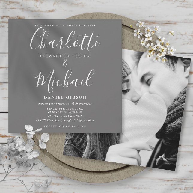 Grey And White Elegant Script Wedding Photo Invitation (Creator Uploaded)