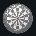 Grey and White Family Dartboard with Darts<br><div class="desc">Dark grey and white dart board with two custom text areas. Great wedding gift!</div>