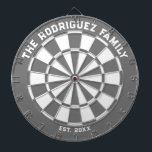 Grey and White Family Dartboard with Darts<br><div class="desc">Dark grey and white dart board with two custom text areas. Great wedding gift!</div>