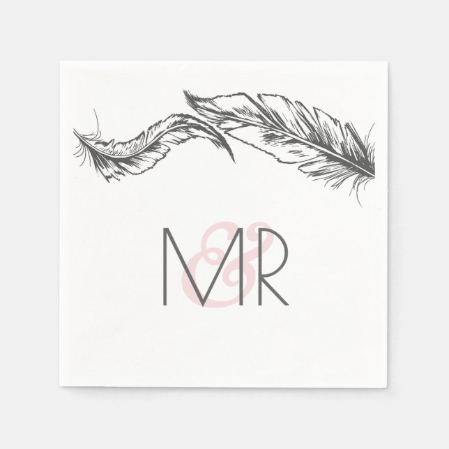 Grey and White Feathers Elegant Wedding Napkin (Front)