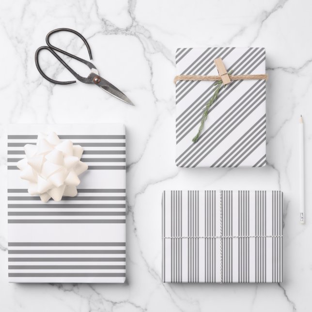 Grey and white five stripes pattern wrapping paper sheet (Front)