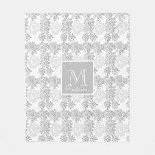 Grey and White Floral Monogram Fantasy Fleece Blanket