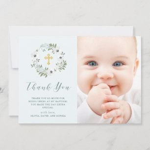 Grey and White Floral on Blue   Photo Baptism Thank You Card