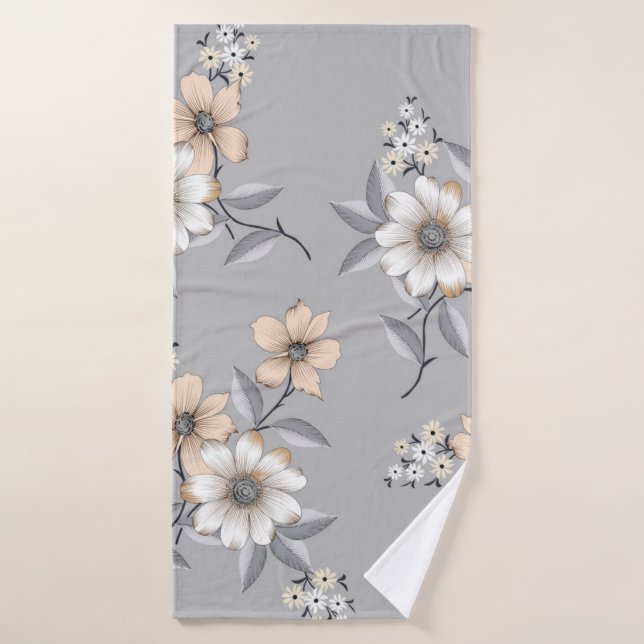 grey and white flower Pattern on grey backgroundde Bath Towel (Bath Towel)