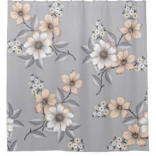 grey and white flower Pattern on grey backgroundde Shower Curtain