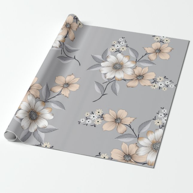 grey and white flower Pattern on grey backgroundde Wrapping Paper (Unrolled)