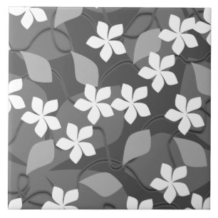Grey and White Flowers. Floral Pattern. Ceramic Tile