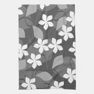 Grey and White Flowers. Floral Pattern. Tea Towel