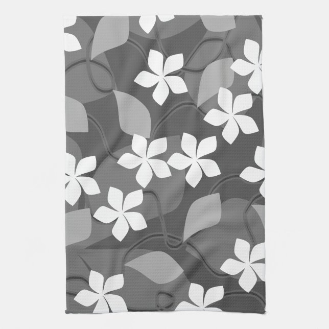 Grey and White Flowers. Floral Pattern. Tea Towel (Vertical)