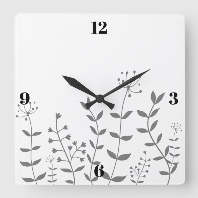 Grey and White Flowers Square Wall Clock (Front)