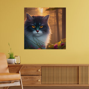 Grey and white fluffy forest cat , Fantasy Poster