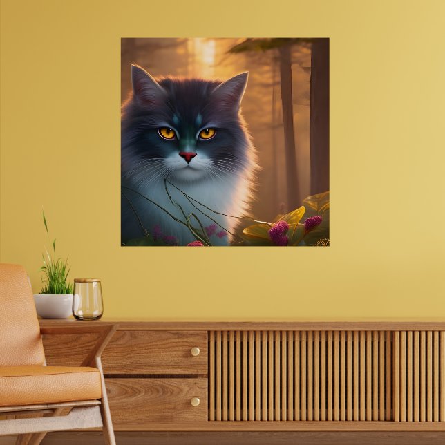 Grey and white fluffy forest cat , Fantasy  Poster (Living Room 2)