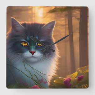 Grey and white fluffy forest cat, Fantasy  Square Wall Clock