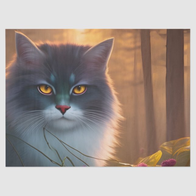 Grey and white fluffy forest cat, Fantasy  Tissue Paper (Front)