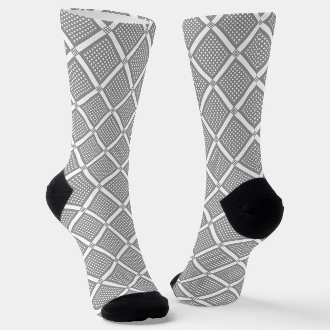 Grey and white geometric checkered pattern socks (Angled)