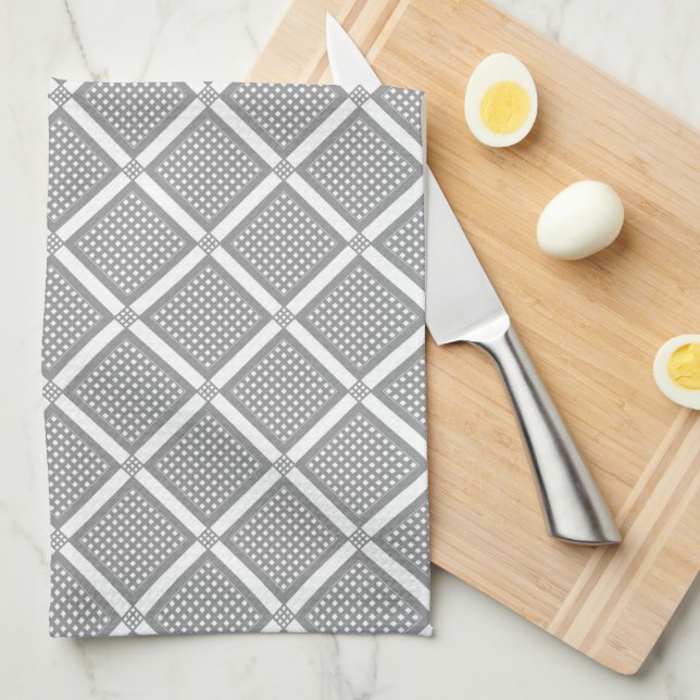 Grey and white geometric checkered pattern tea towel (Quarter Fold)
