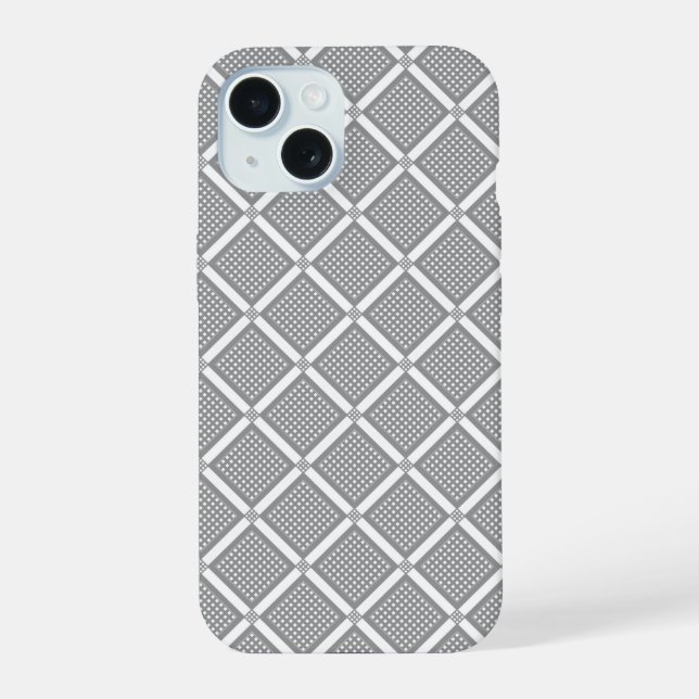 Grey and white geometric chequered pattern iPhone 15 case (Back)