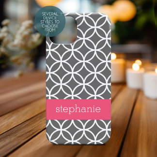 Grey and White Geometric Pattern Custom Name iPhone 15 Case