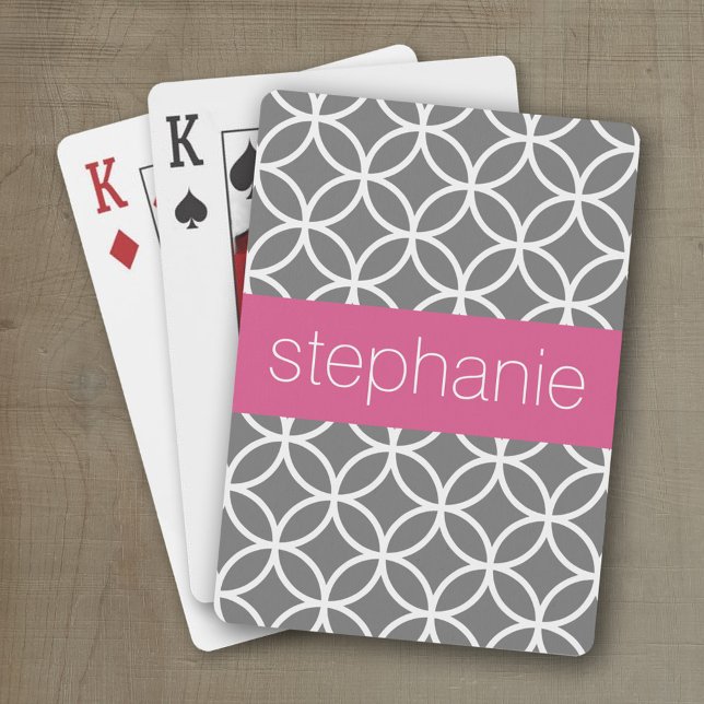 Grey and White Geometric Pattern Custom Name Playing Cards (Personalized playing cards with a geometric pattern and a place for a name)