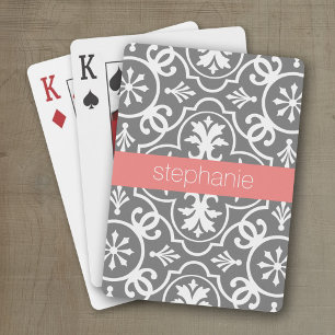 Grey and White Geometric Pattern with Custom Name Playing Cards
