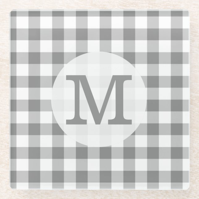Grey And White Gingham Check Monogrammed Glass Coaster (Front)