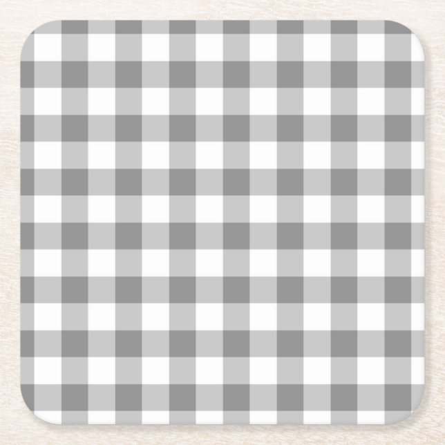 Grey And White Gingham Check Pattern Square Paper Coaster (Front)