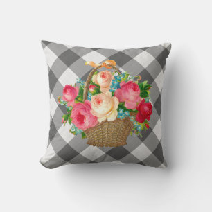 Grey and White Gingham Floral Vintage Country Cushion