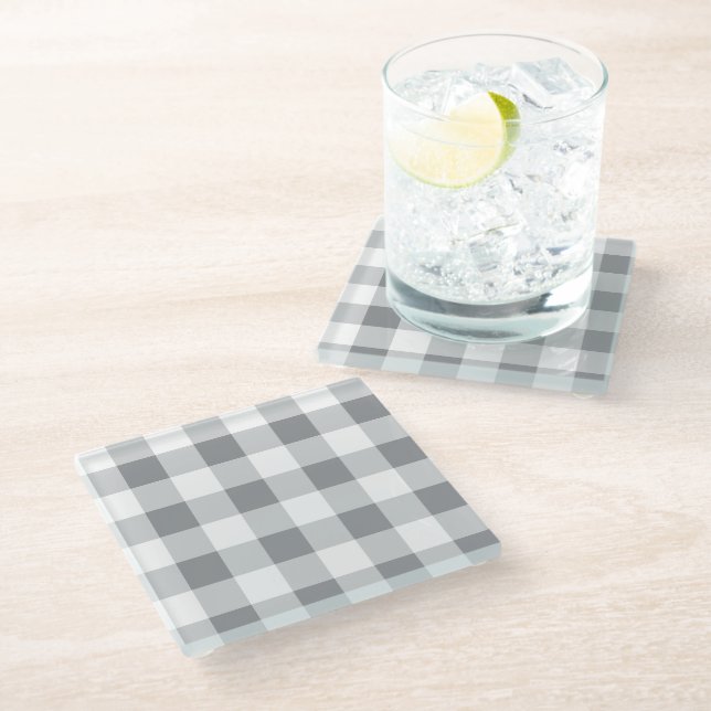 Grey And White Gingham Pattern Glass Coaster (Angled)