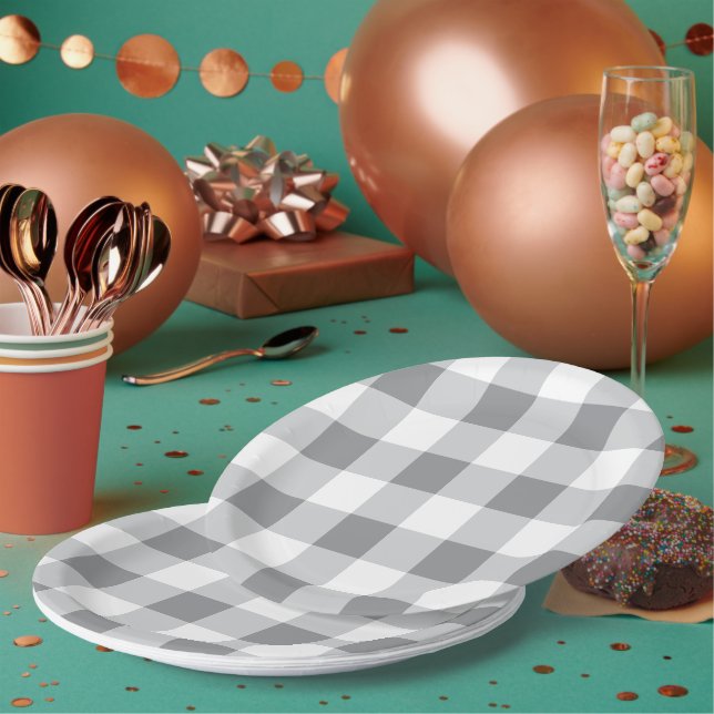 Grey And White Gingham Pattern Paper Plate (Multi)